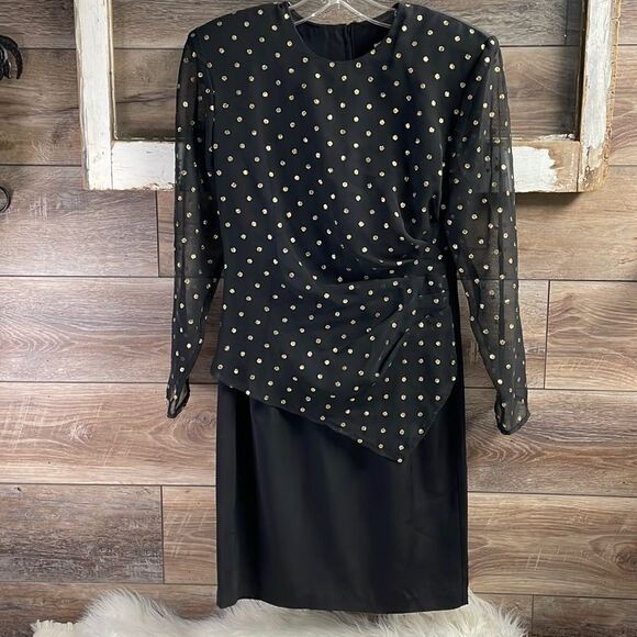 Scarlett Stunning 80s Polka Dot Pencil Dress in Black and Gold, Size 5 - Picture 2 of 9